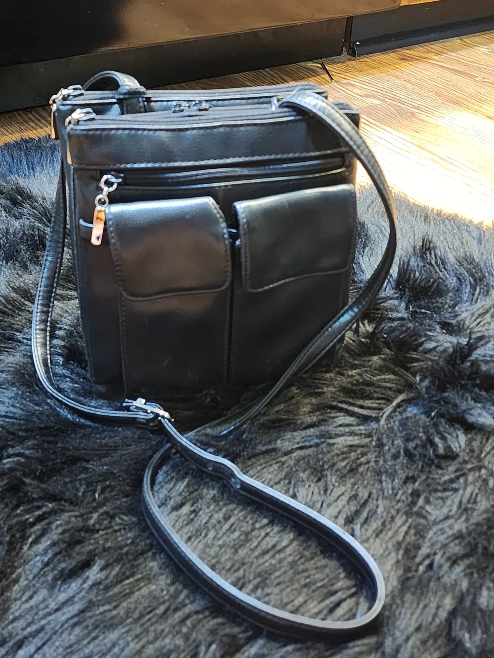Black Faux Leather Crossbody Organizer Bag with Front Pockets Unisex